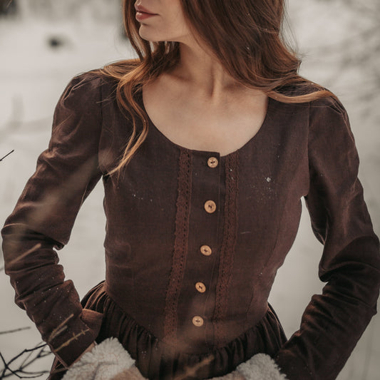 Forestcore princess corset style linen dress. Brown princess waist corset style linen dress with lace and wood buttons.