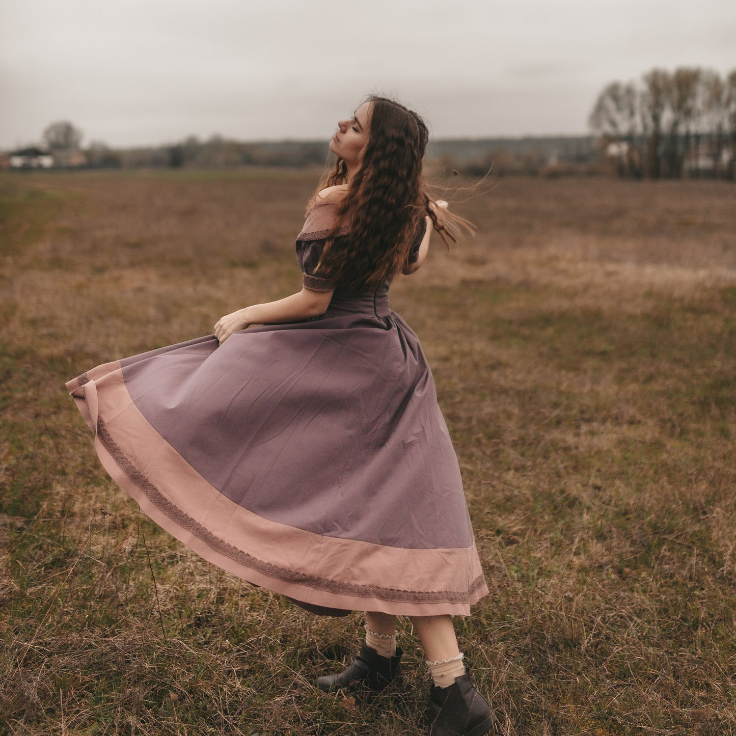 Wuthering Heights off shoulder cottagecore linen dress. Handmade off shoulder full circle linen retro style dress with linen lace