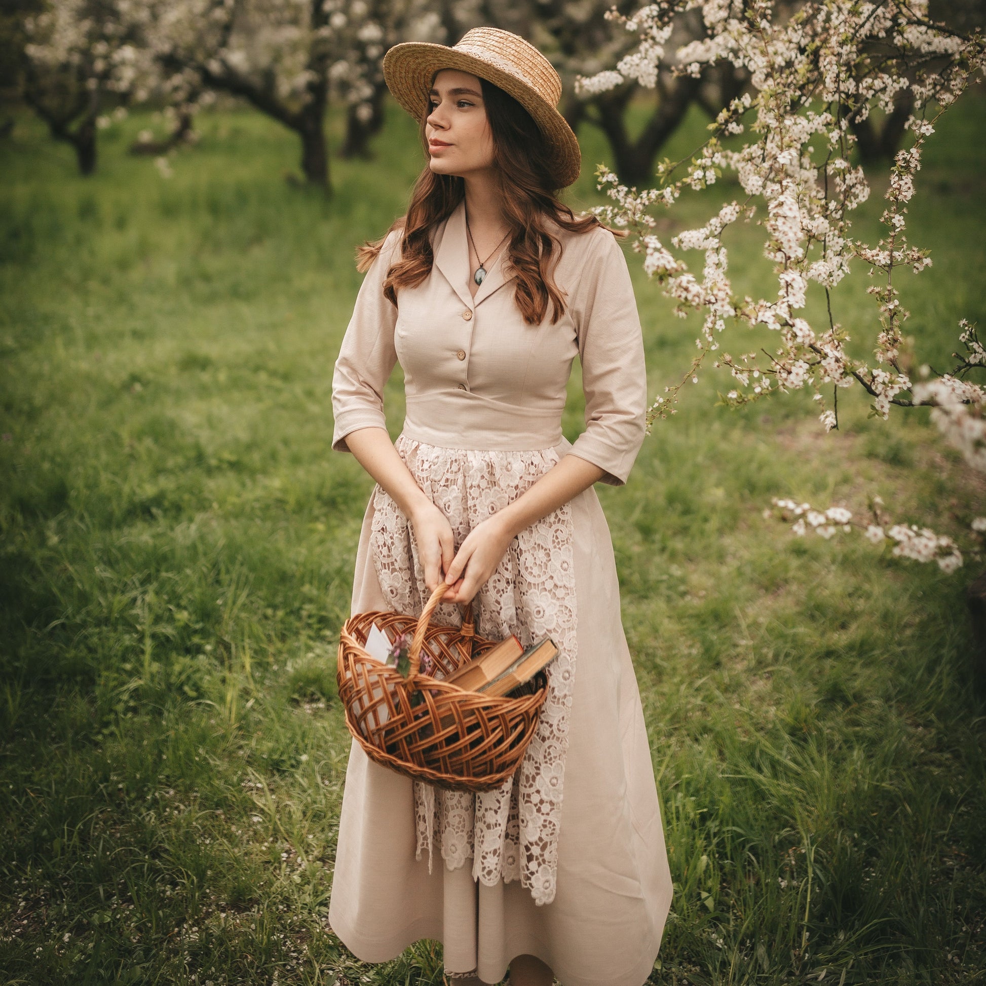 Handmade Anne of green Gables style beige lace apron