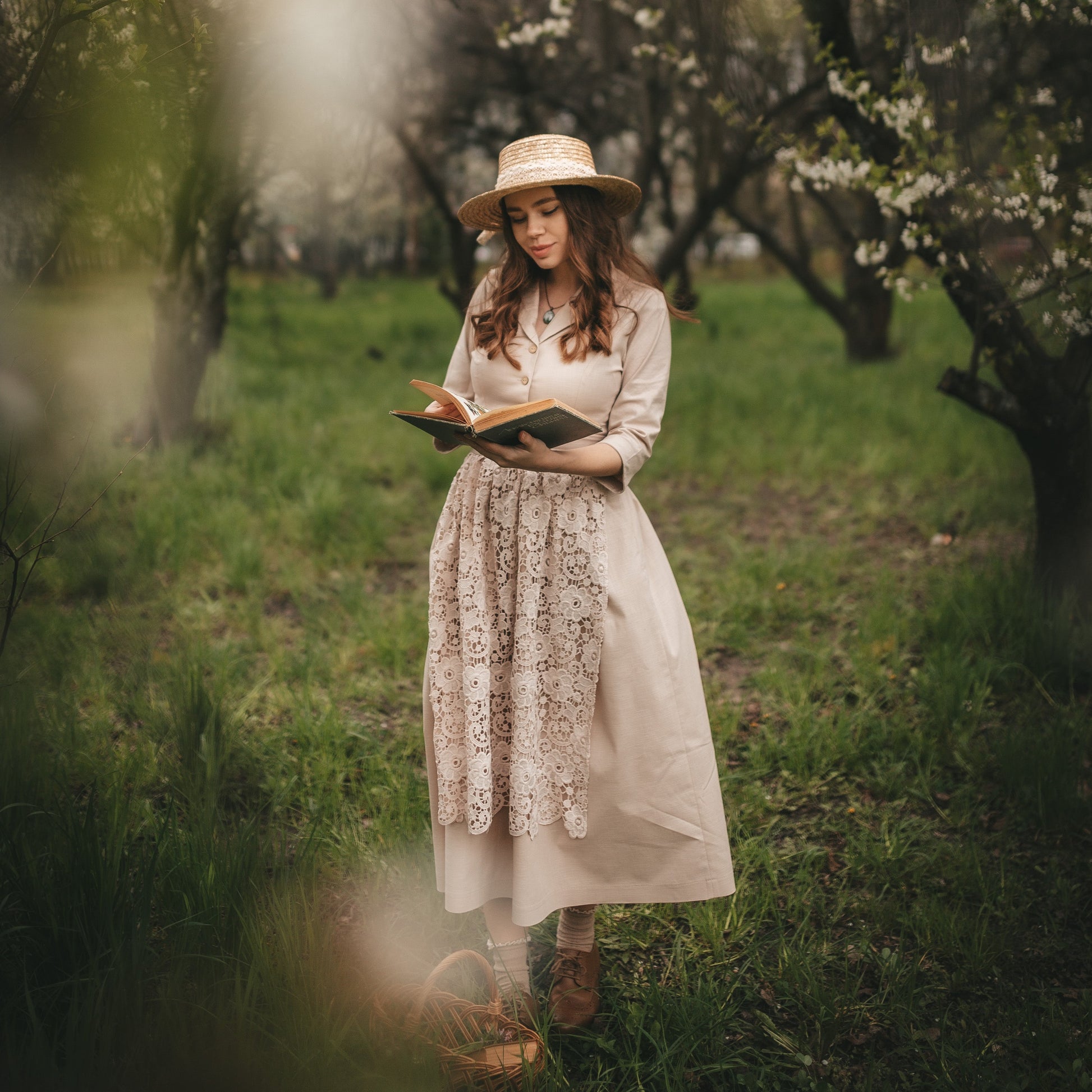 Handmade Anne of green Gables style beige lace apron and wood buttons, natural sustainability linen cottagecore dress. 