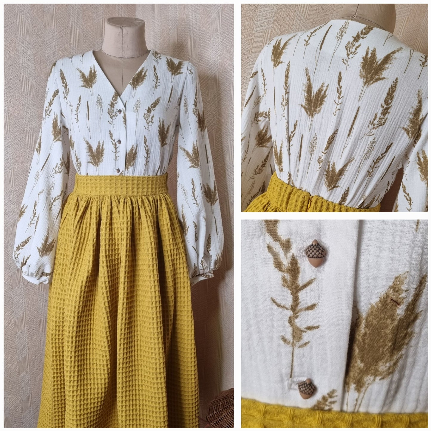 Demeter cottagecore muslin Reed grass blouse with acorn buttons. Handmade Greek Goddess Demeter natural sustainability blouse with puff sleeves.