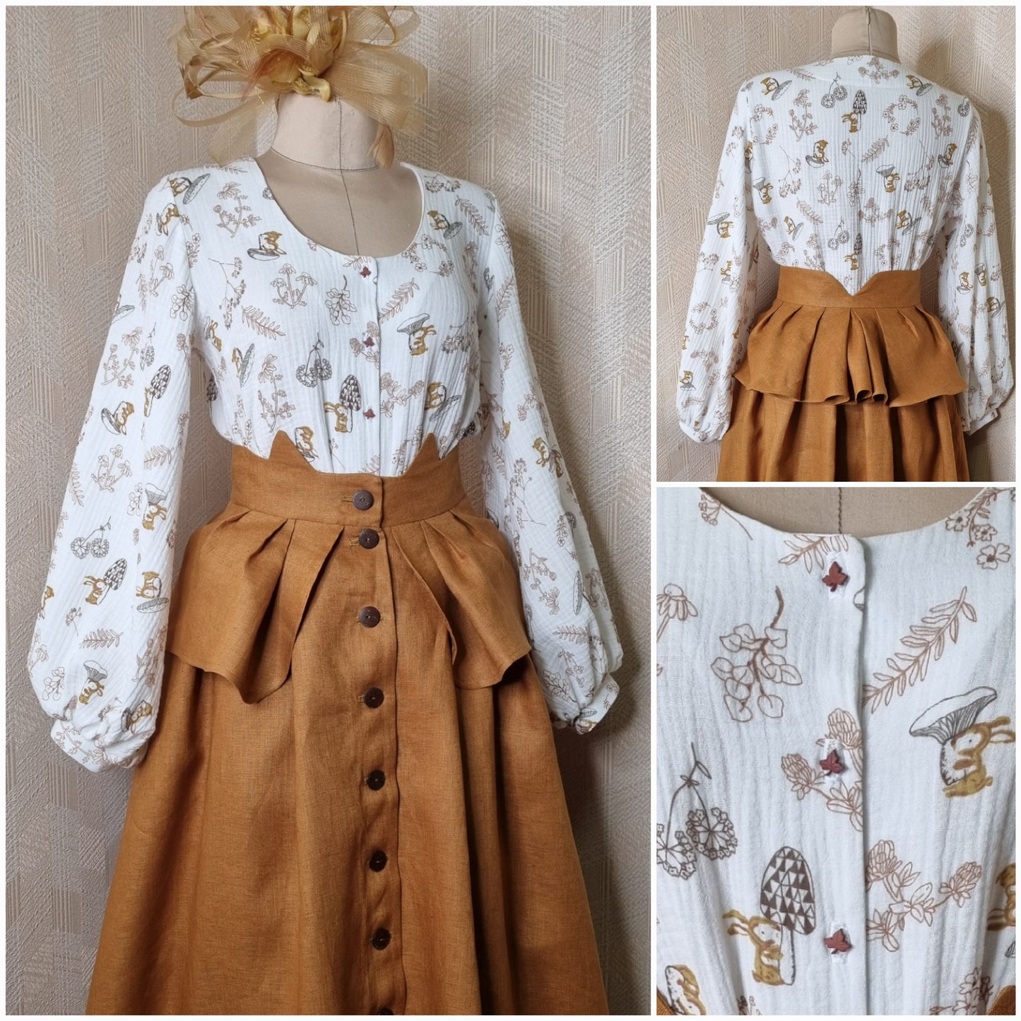 Muslin mushroom and forest animals blouse with leaves buttons and Kitty linen mustard skirt with wood buttons. Handmade Greek Goddess Artemis natural sustainability linen and muslin clothes. 