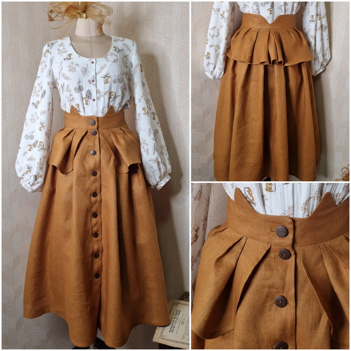Muslin mushroom and forest animals blouse with leaves buttons and Kitty linen mustard skirt with wood buttons. Handmade Greek Goddess Artemis natural sustainability linen and muslin clothes. 