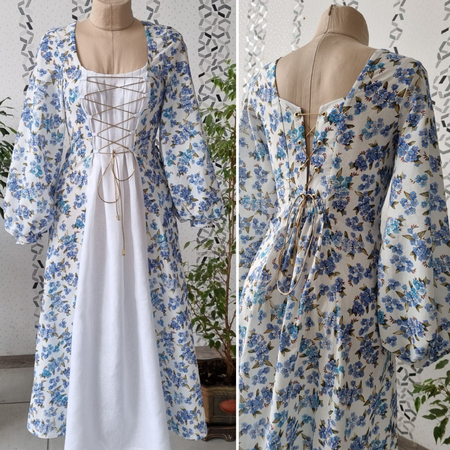 Forget-me-not cottagecore elven princesscore corset dress. Handmade sustainable cotton puff sleeves dress.