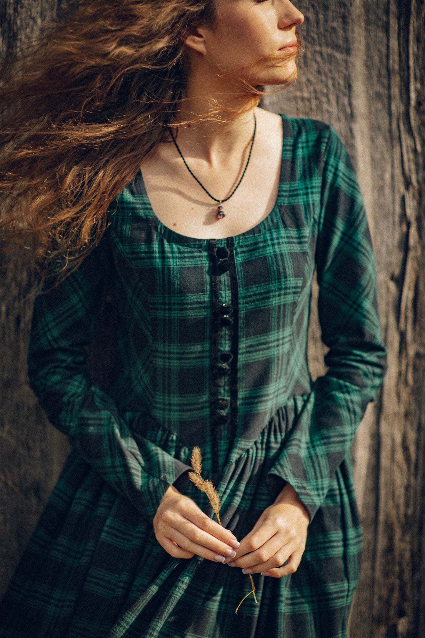 Tartan check flannel dress with princesscore V corset waist and velvet buttons. Handmade sustainability scotland style dress.