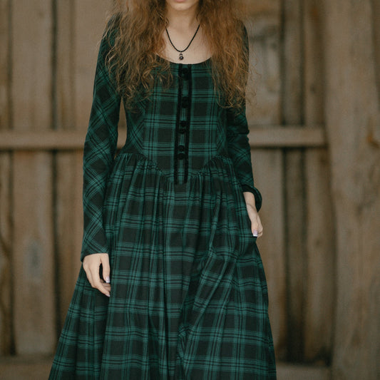 Tartan check flannel dress with princesscore V corset waist and velvet buttons. Handmade sustainability scotland style dress.