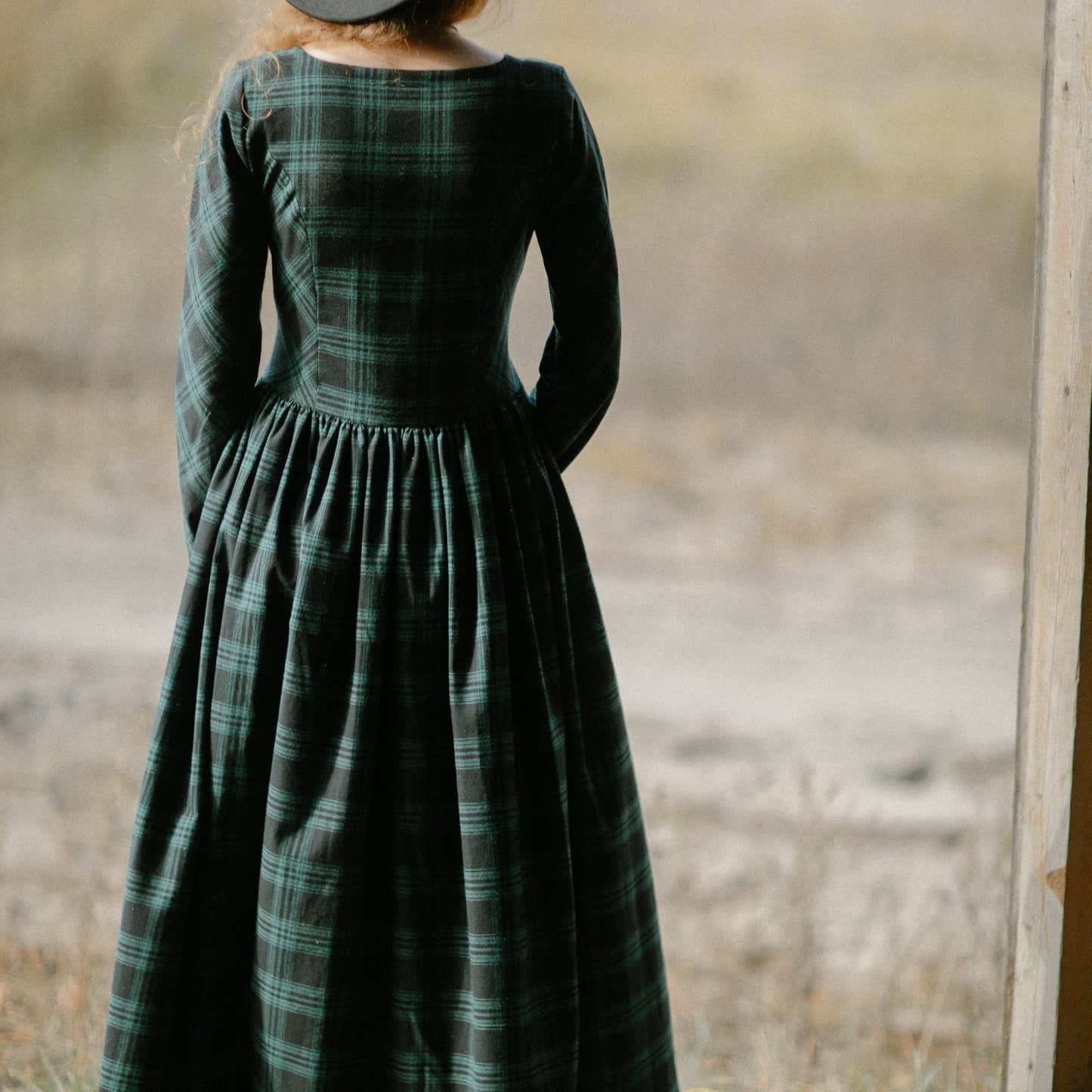 Tartan check flannel dress with princesscore V corset waist and velvet buttons. Handmade sustainability scotland style dress.