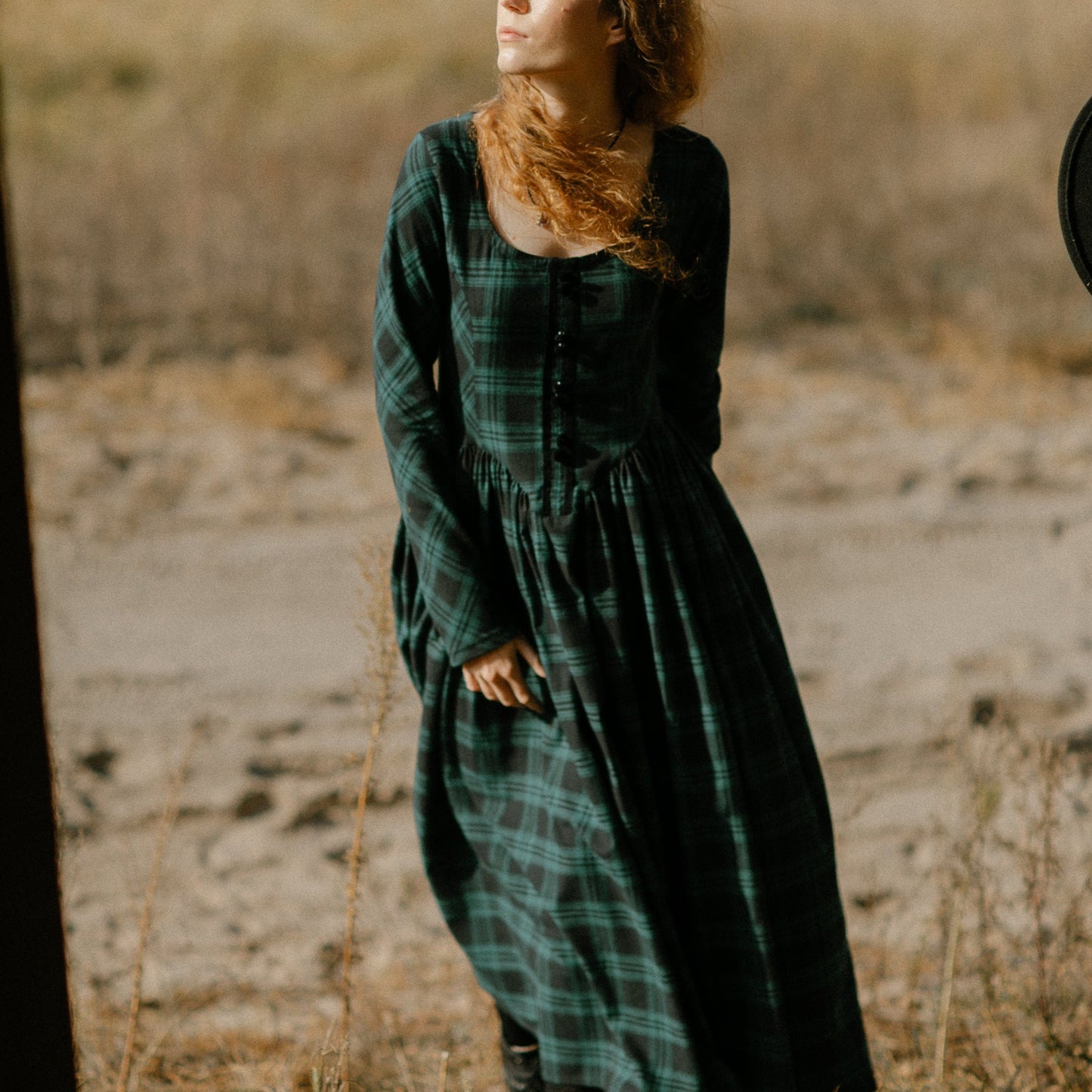 Tartan check flannel dress with princesscore V corset waist and velvet buttons. Handmade sustainability scotland style dress.