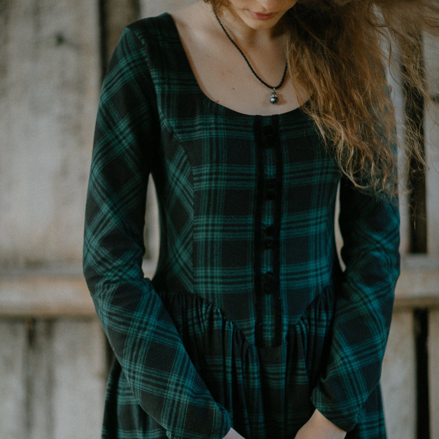 Tartan check flannel dress with princesscore V corset waist and velvet buttons. Handmade sustainability scotland style dress.