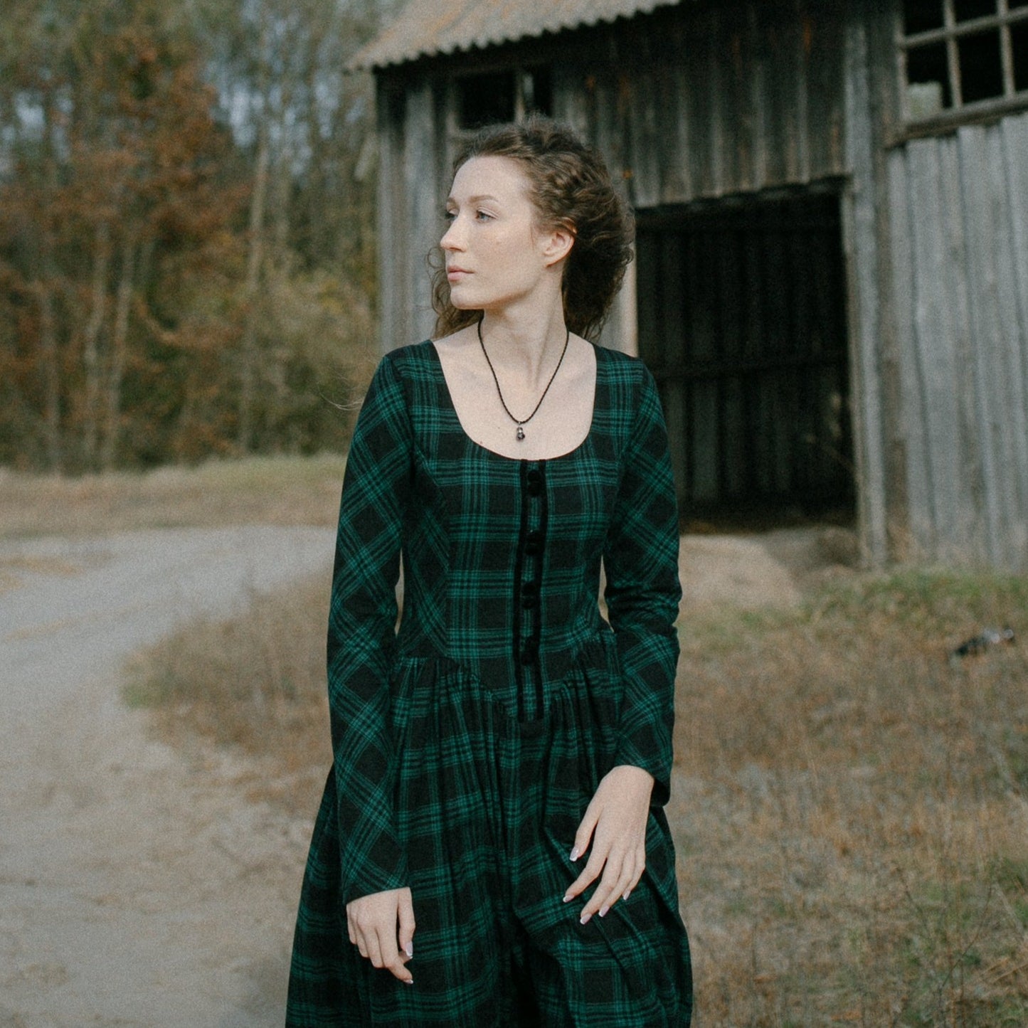Tartan check flannel dress with princesscore V corset waist and velvet buttons. Handmade sustainability scotland style dress.