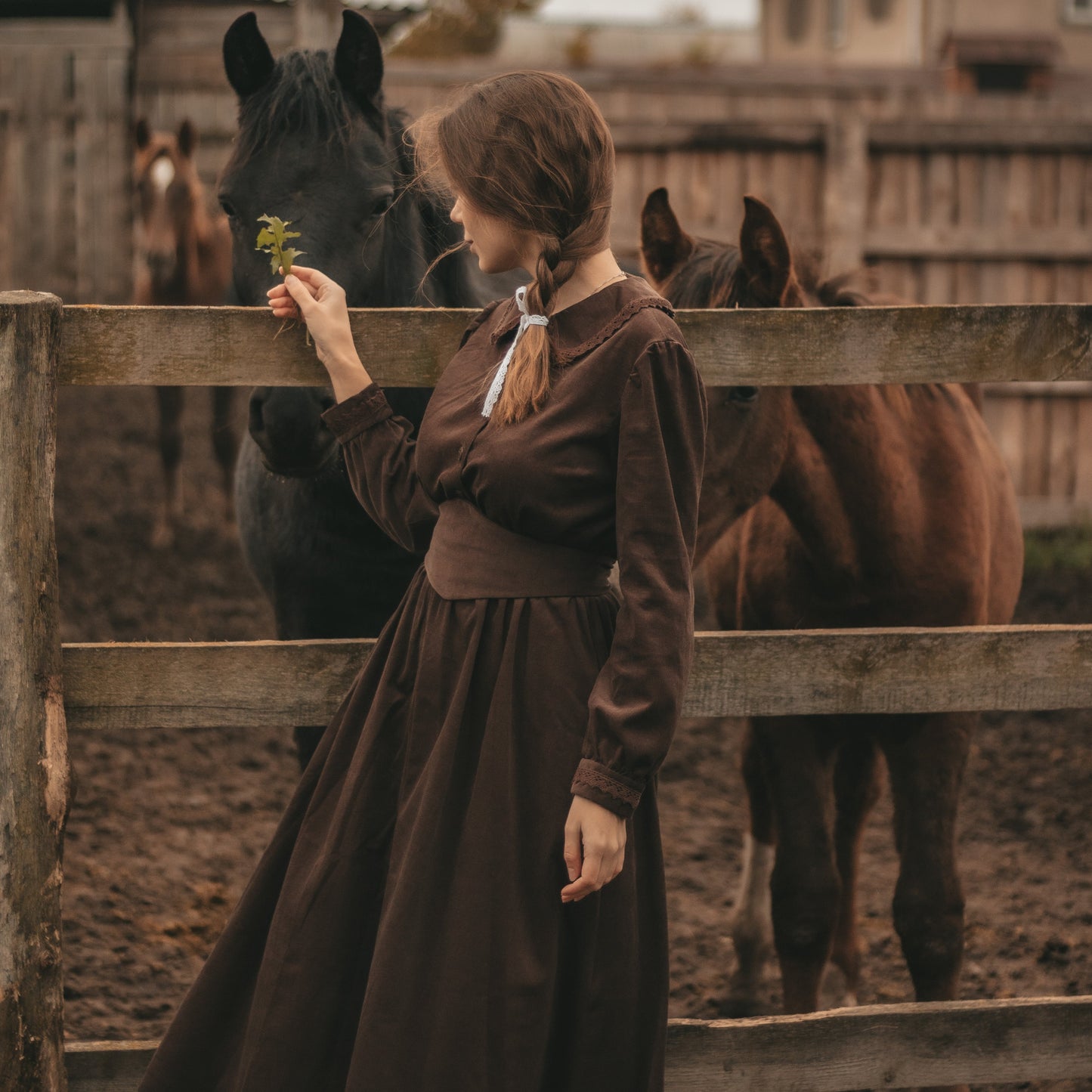 Brown forestcore corduroy retro style princess dress with edwardian belt