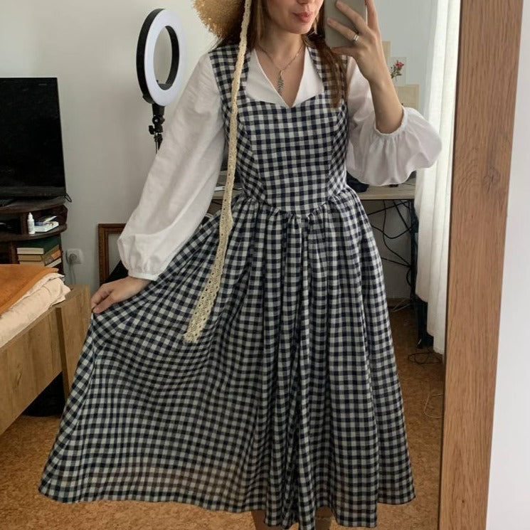 Cottagecore gingham check princesscore linen sundress. Handmade navy blue and white sundress with twirl skirt and princesscore V waist.