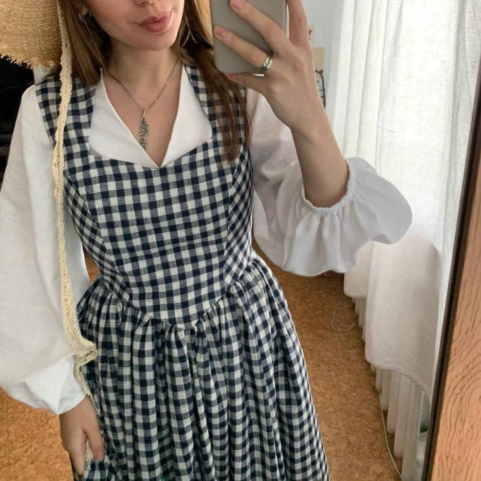 Cottagecore gingham check princesscore linen sundress. Handmade navy blue and white sundress with twirl skirt and princesscore V waist.