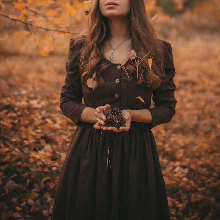Forestcore princess corset style linen dress. Brown princess waist corset style linen dress with lace and wood buttons.