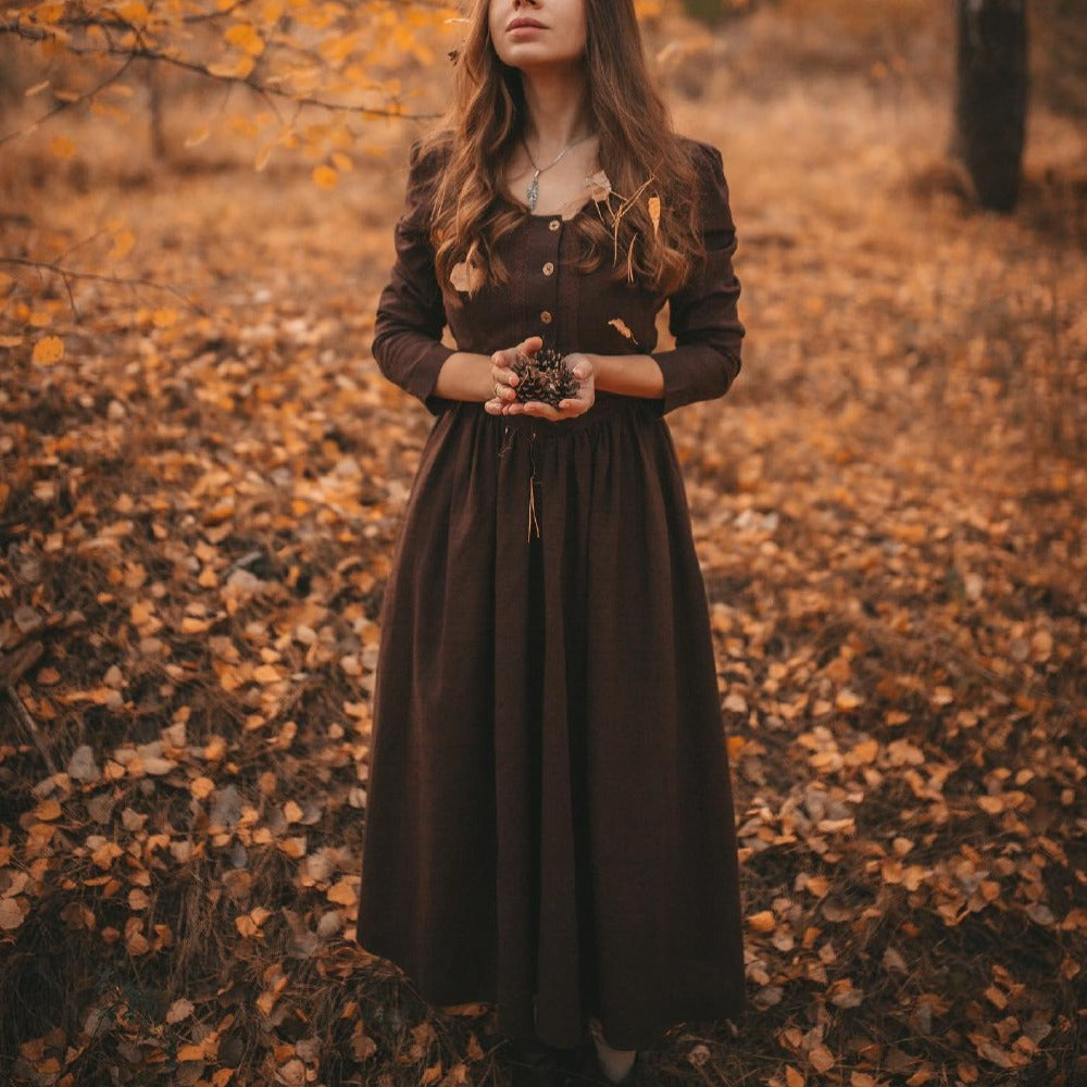 Forestcore princess corset style linen dress. Brown princess waist corset style linen dress with lace and wood buttons.