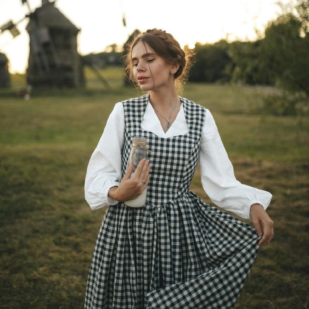 Cottagecore gingham check princesscore linen sundress. Handmade navy blue and white sundress with twirl skirt and princesscore V waist.