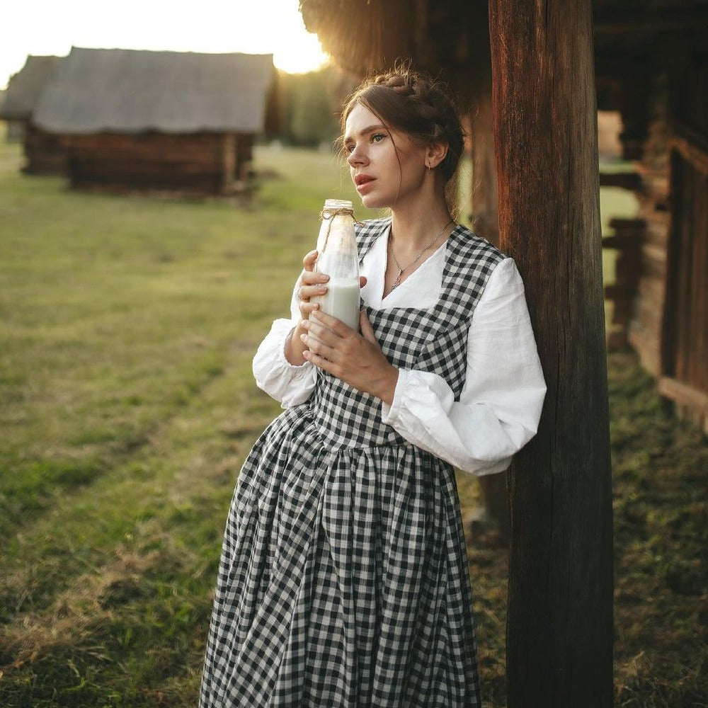 Cottagecore gingham check princesscore linen sundress. Handmade navy blue and white sundress with twirl skirt and princesscore V waist.