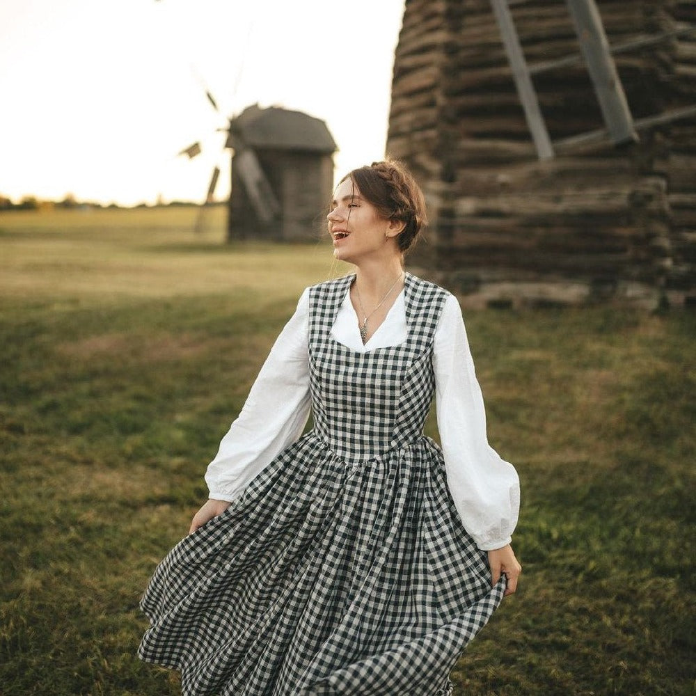 Cottagecore gingham check princesscore linen sundress. Handmade navy blue and white sundress with twirl skirt and princesscore V waist.