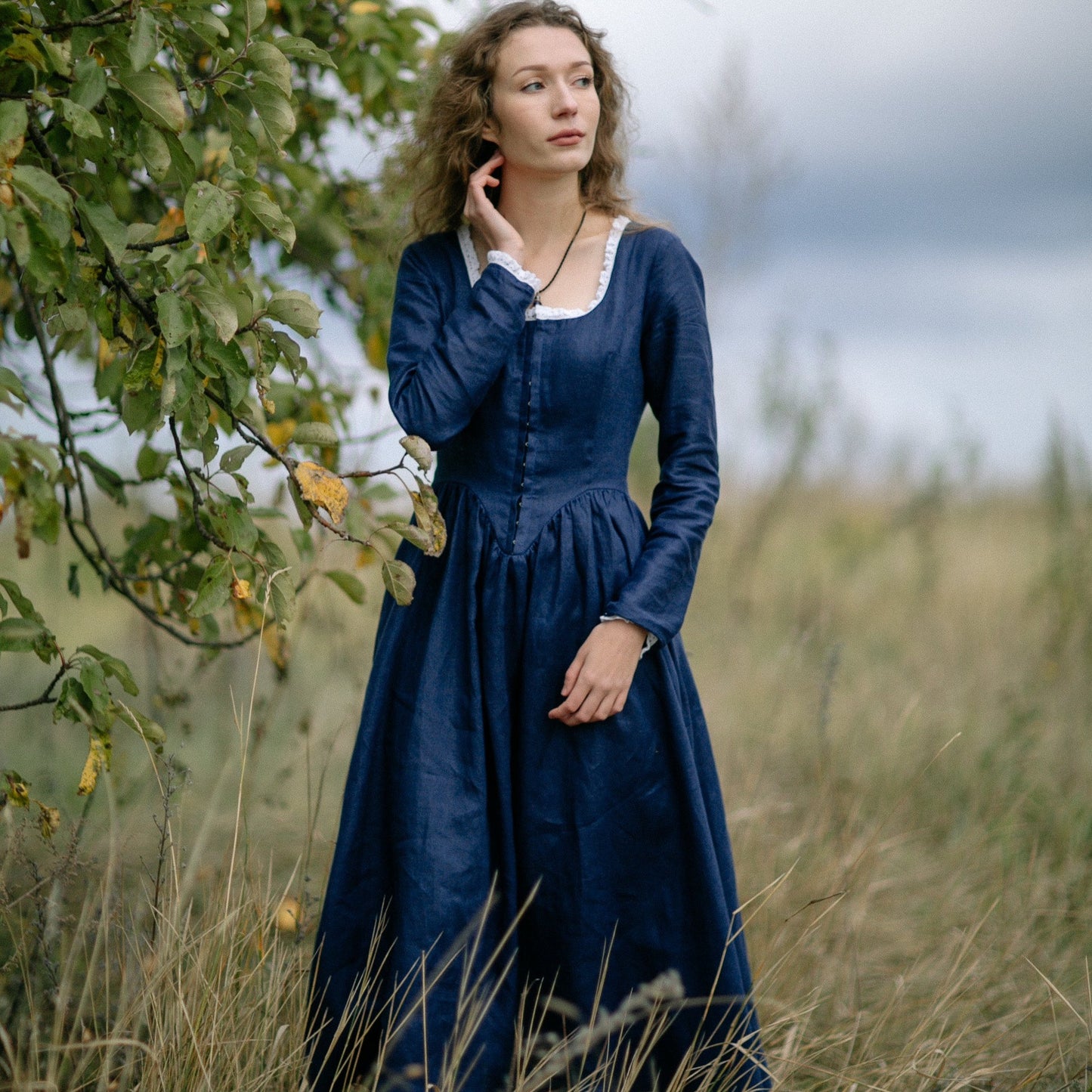 Handmade corset style booktok linen retro style dress Demelza Poldark with linen lace and hooks in front.