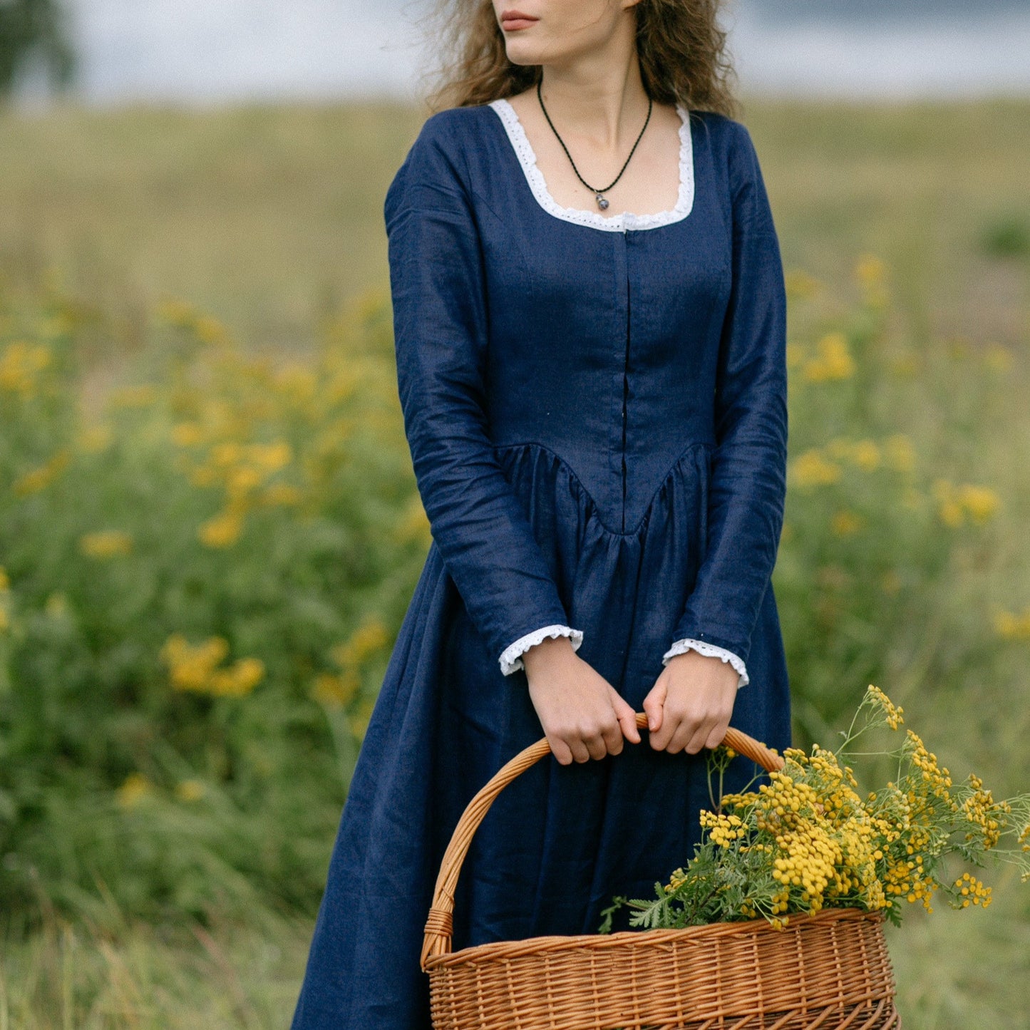 Handmade corset style booktok linen retro style dress Demelza Poldark with linen lace and hooks in front.
