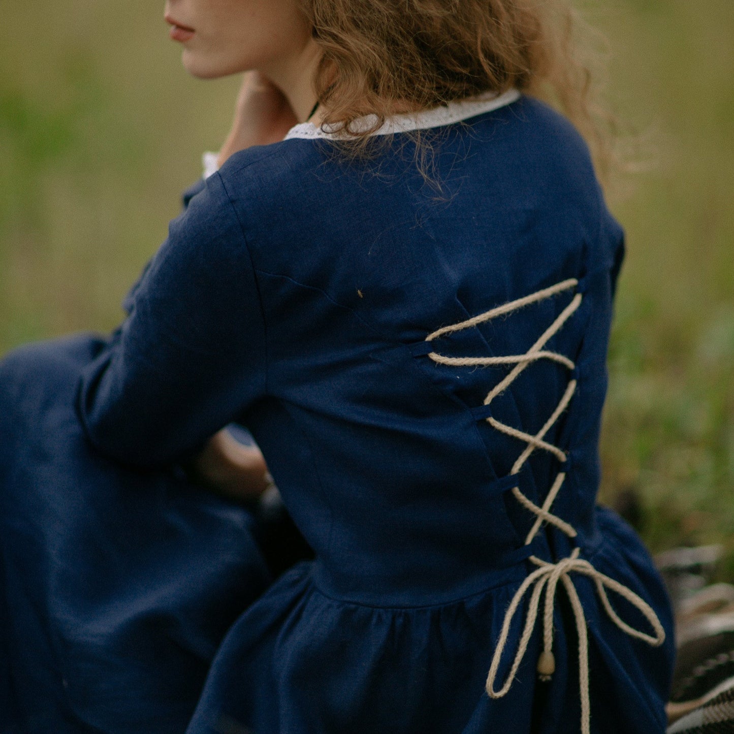 Handmade corset style booktok linen retro style dress Demelza Poldark with linen lace and hooks in front.