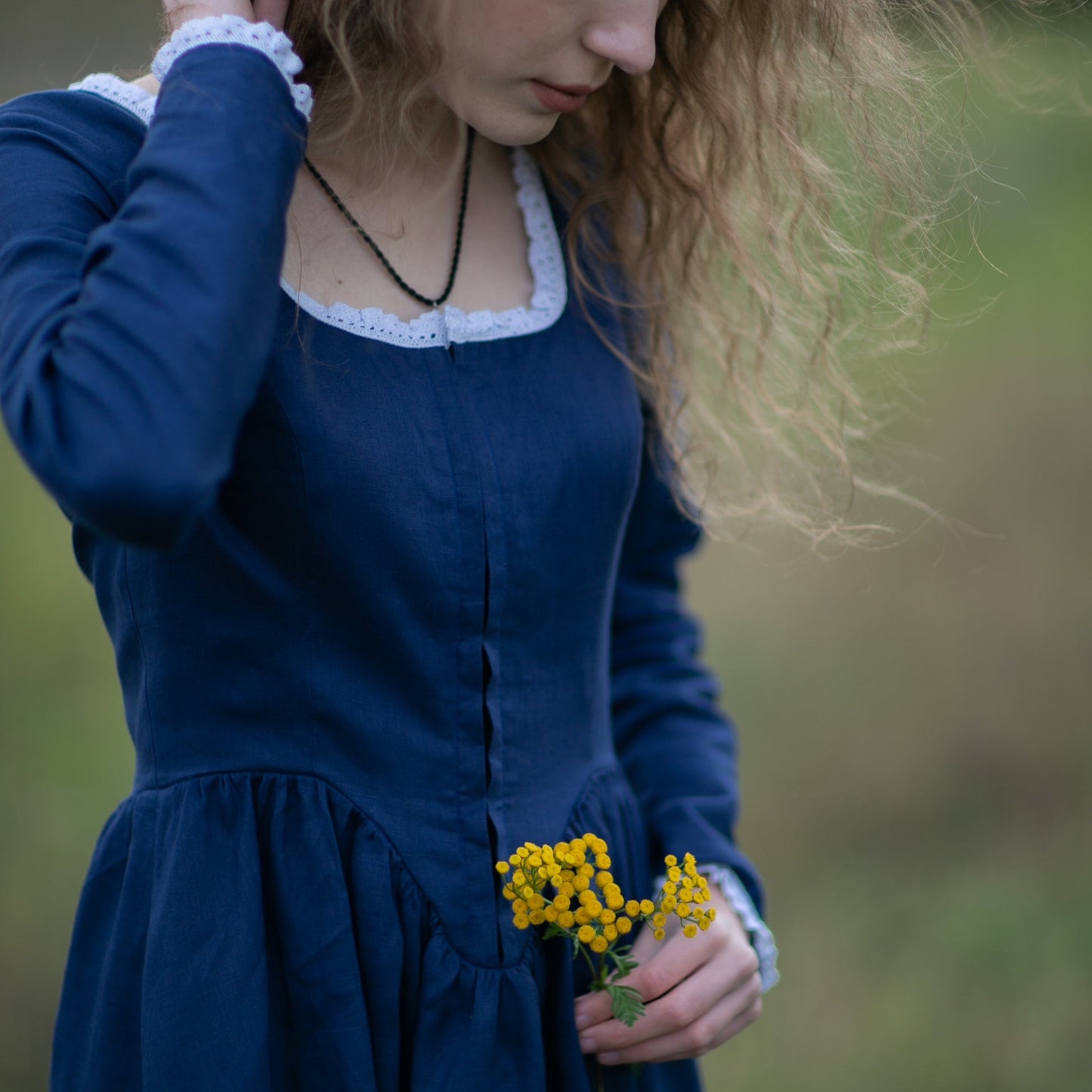 Handmade corset style booktok linen retro style dress Demelza Poldark with linen lace and hooks in front.