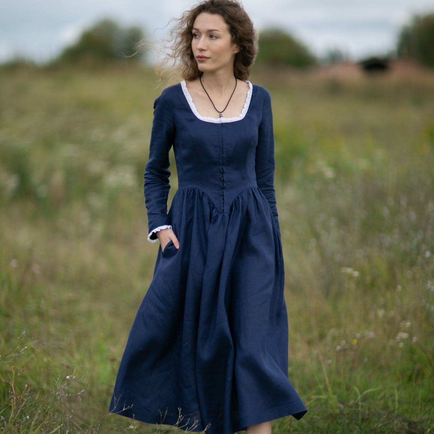 Handmade corset style booktok linen retro style dress Demelza Poldark with linen lace and hooks in front.