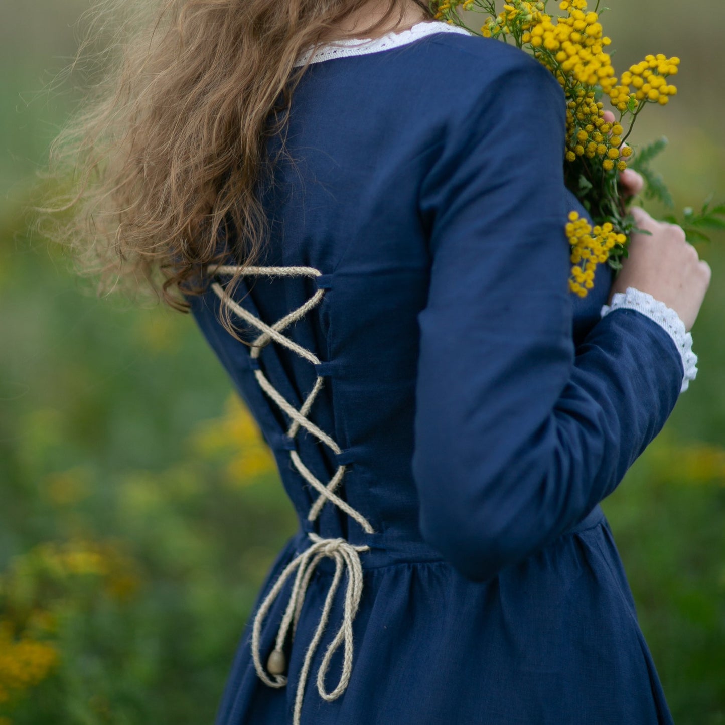 Handmade corset style booktok linen retro style dress Demelza Poldark with linen lace and hooks in front.
