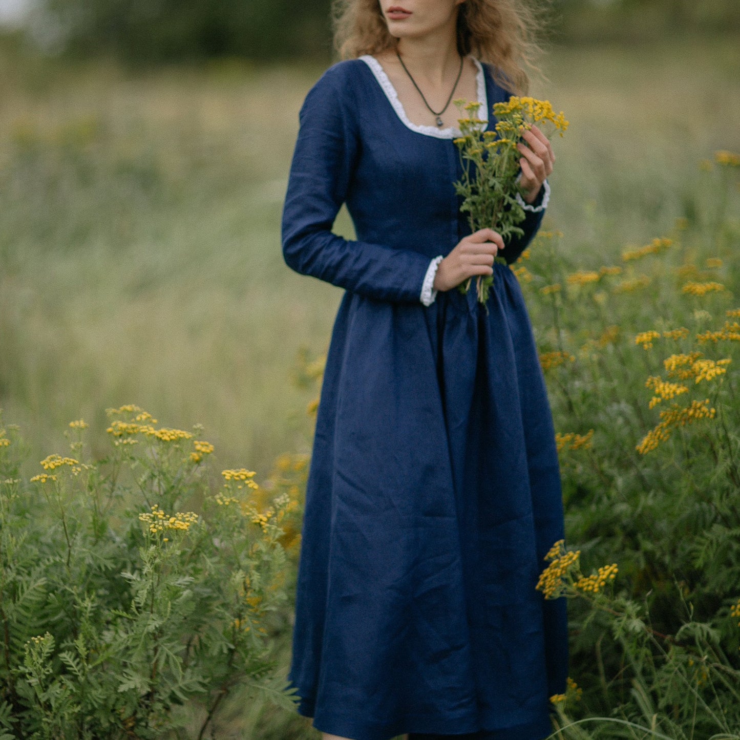 Handmade corset style booktok linen retro style dress Demelza Poldark with linen lace and hooks in front.