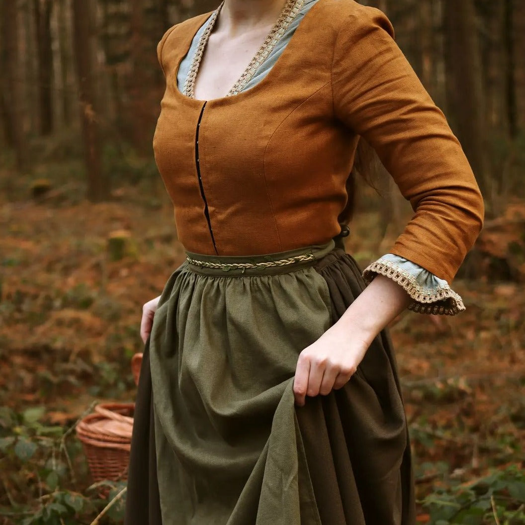 Claire Fraser Outlander Corset mustard bodice with hooks, linen brown skirt, soft mint blouse with lace and green apron with leaves cord. Handmade natural sustainability linen clothes.