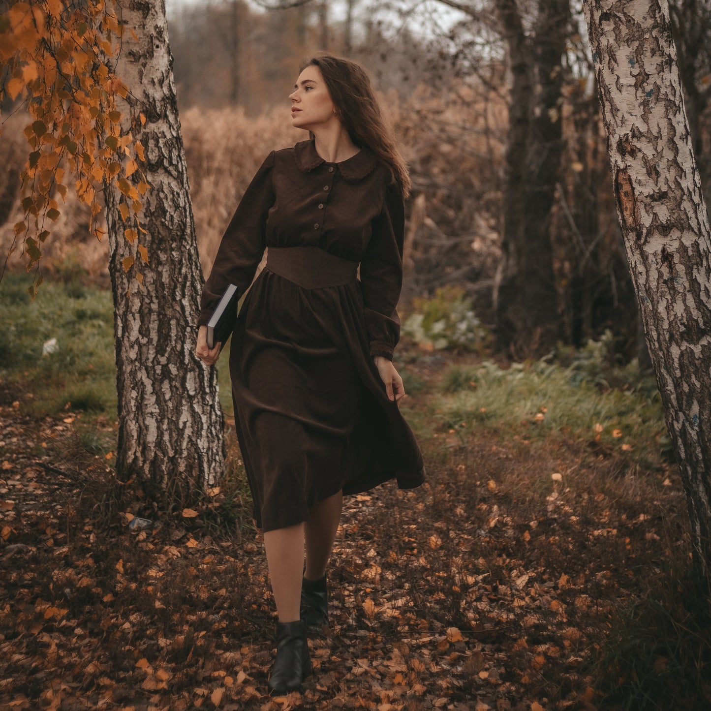Brown forestcore corduroy retro style princess dress with edwardian belt