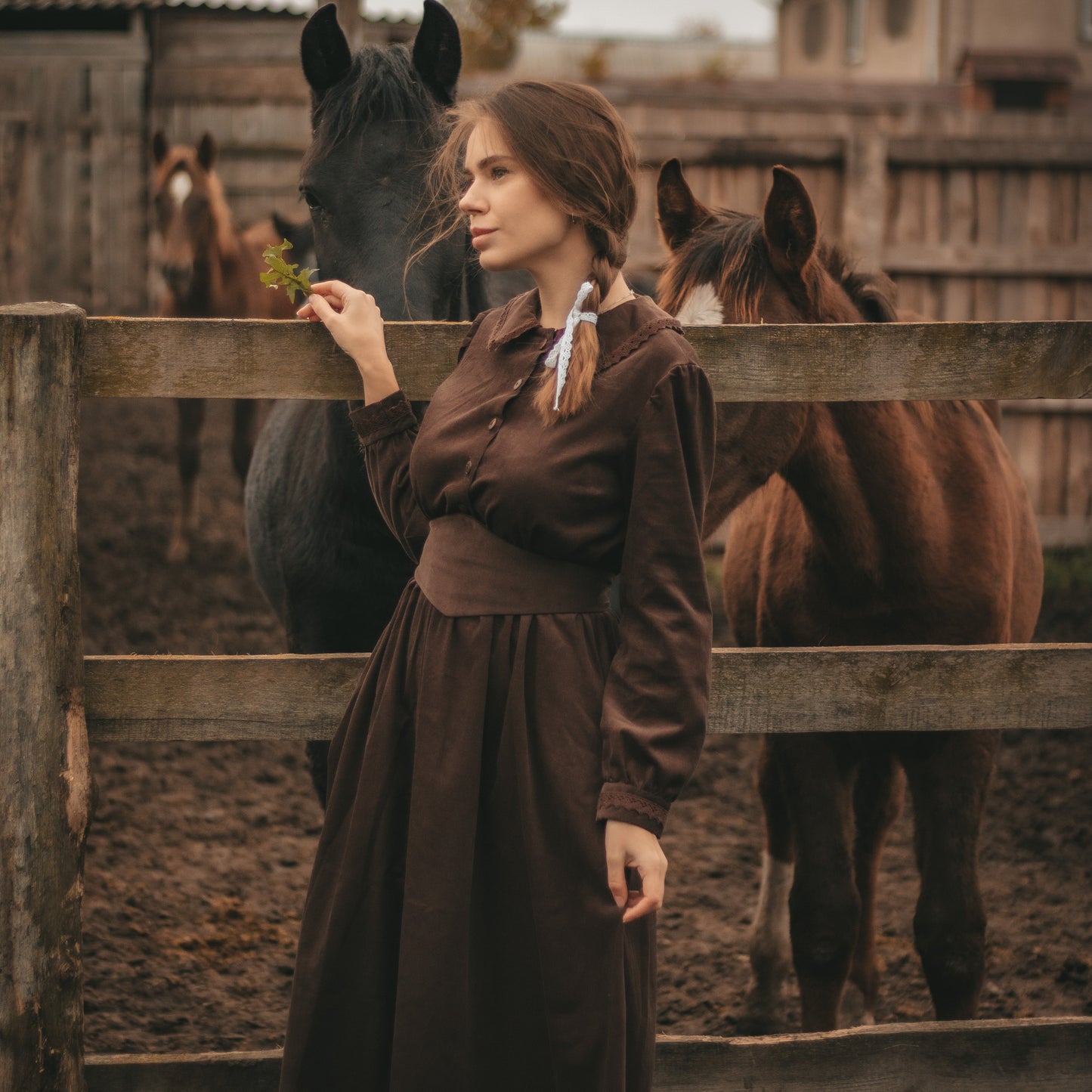 Brown forestcore corduroy retro style princess dress with edwardian belt