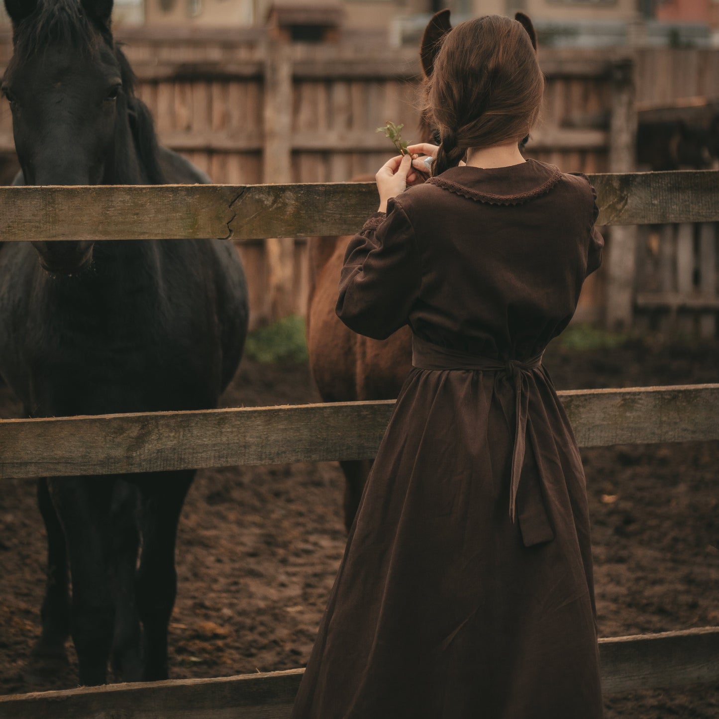 Brown forestcore corduroy retro style princess dress with edwardian belt