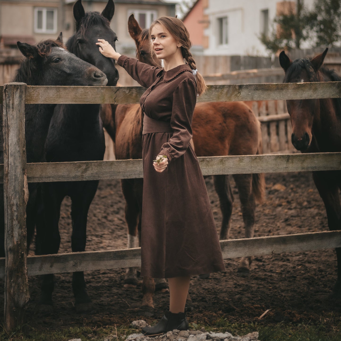 Brown forestcore corduroy retro style princess dress with edwardian belt