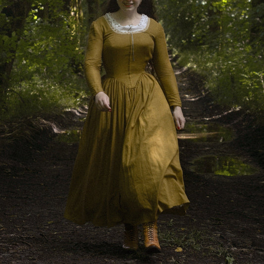 Demelza Poldark princess V waist corset linen dress. Handmade mustard linen dress with lace
