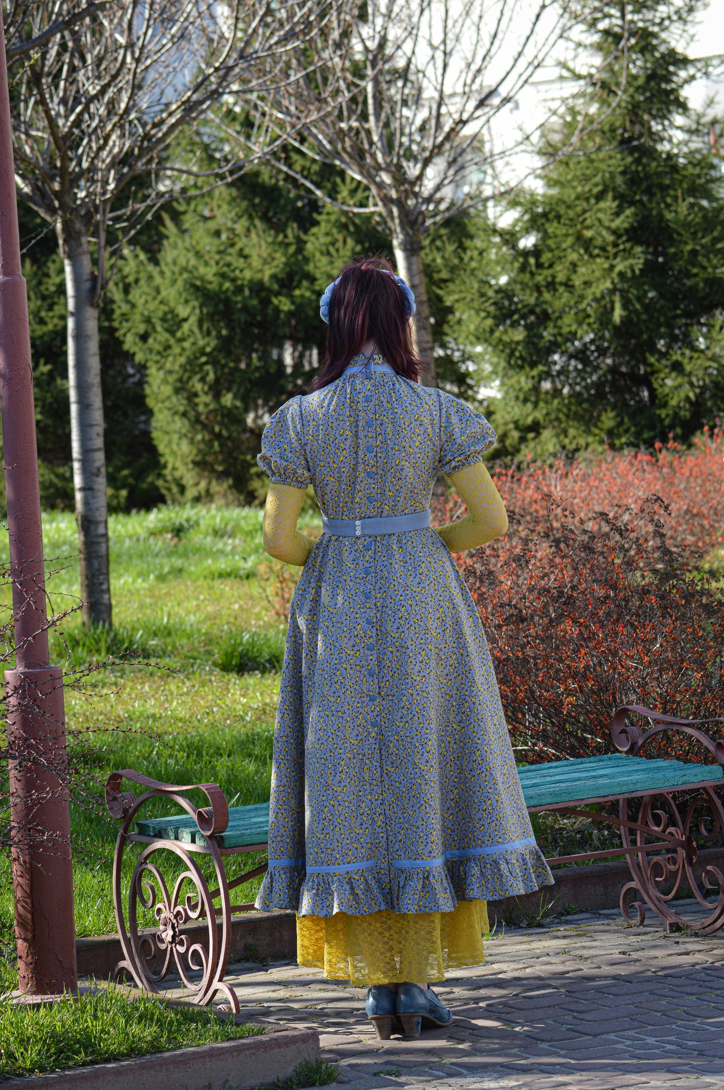 Floral blue flannel edwardian inspired dress and yellow underdress