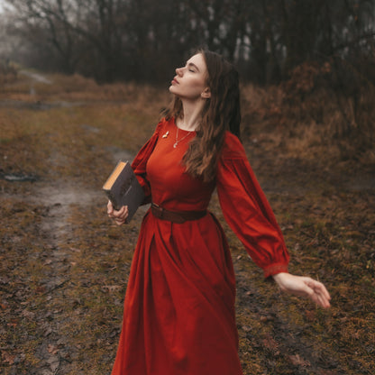 Little Women linen dress. Handmade terracotta retro style dress with pleated skirt and puff sleeves.