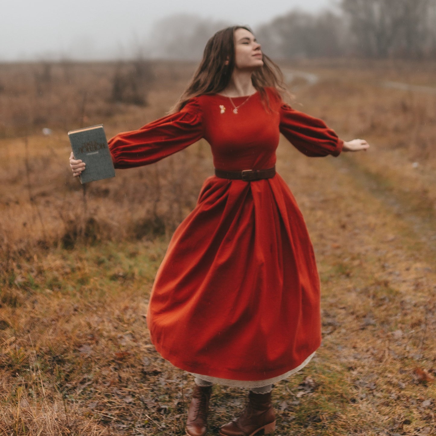 Little Women linen dress. Handmade terracotta retro style dress with pleated skirt and puff sleeves.