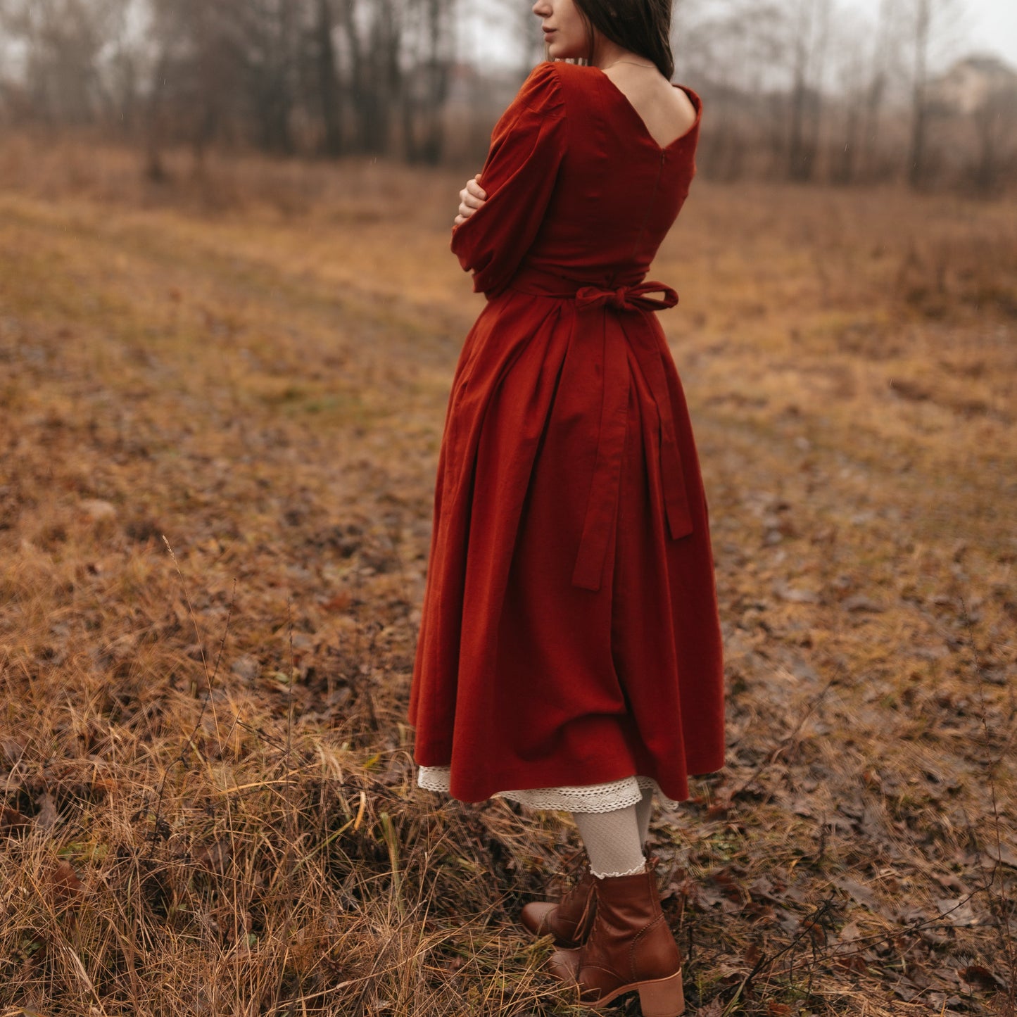 Little Women linen dress. Handmade terracotta retro style dress with pleated skirt and puff sleeves.