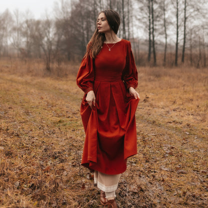 Terracotta rust linen Little women dress with puff sleeves. Handmade red Retro style linen dress with pleated skirt.