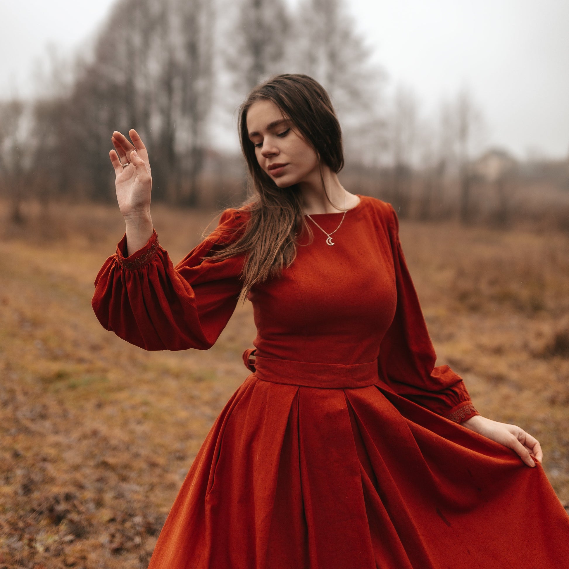 Little Women linen dress. Handmade terracotta retro style dress with pleated skirt and puff sleeves.