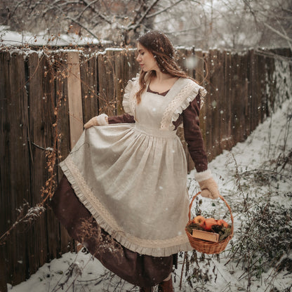 Gerda linen apron with lace and ruffles. Handmade undyed personalized linen edwardian victorian apron.