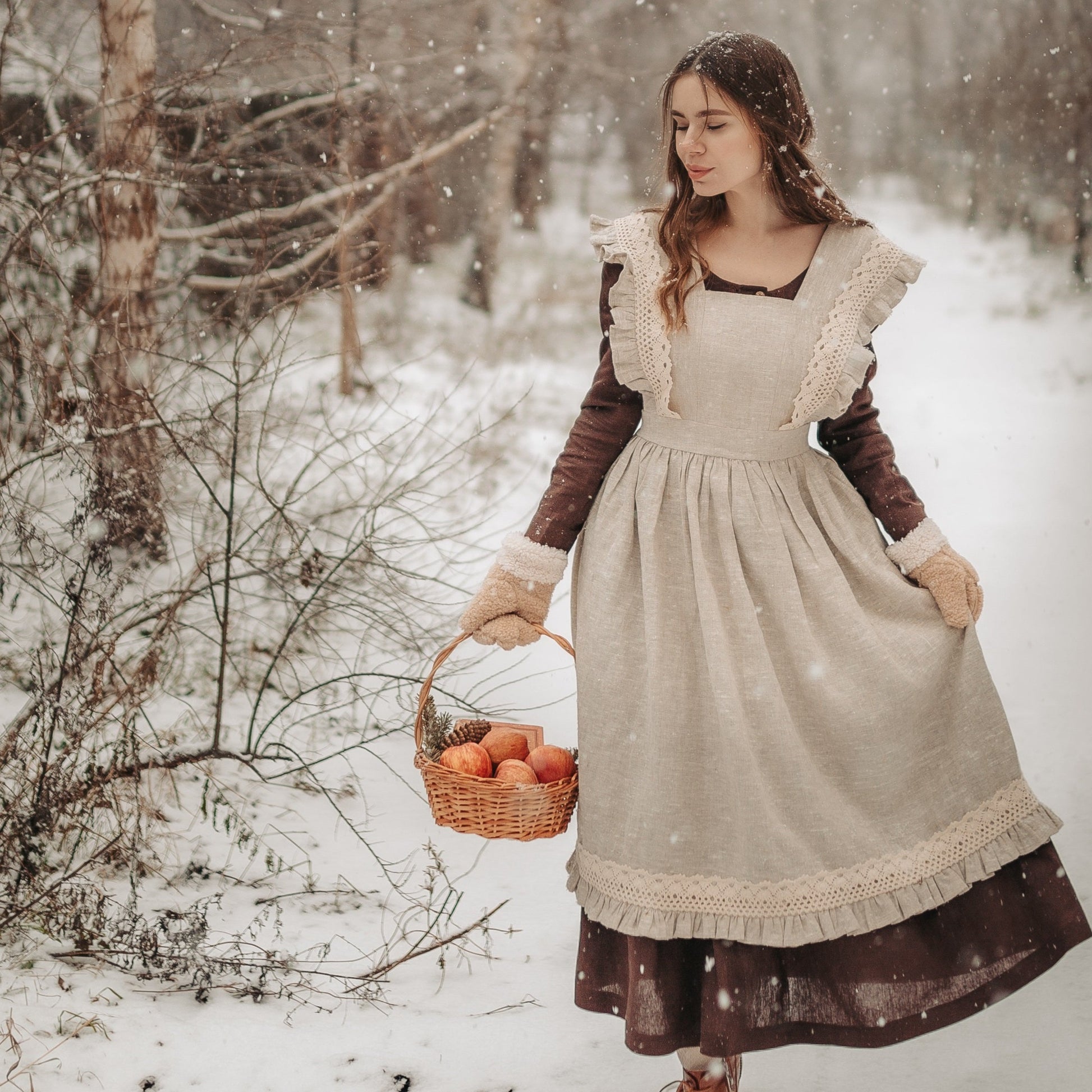 Gerda linen apron with lace and ruffles. Handmade undyed personalized linen edwardian victorian apron.