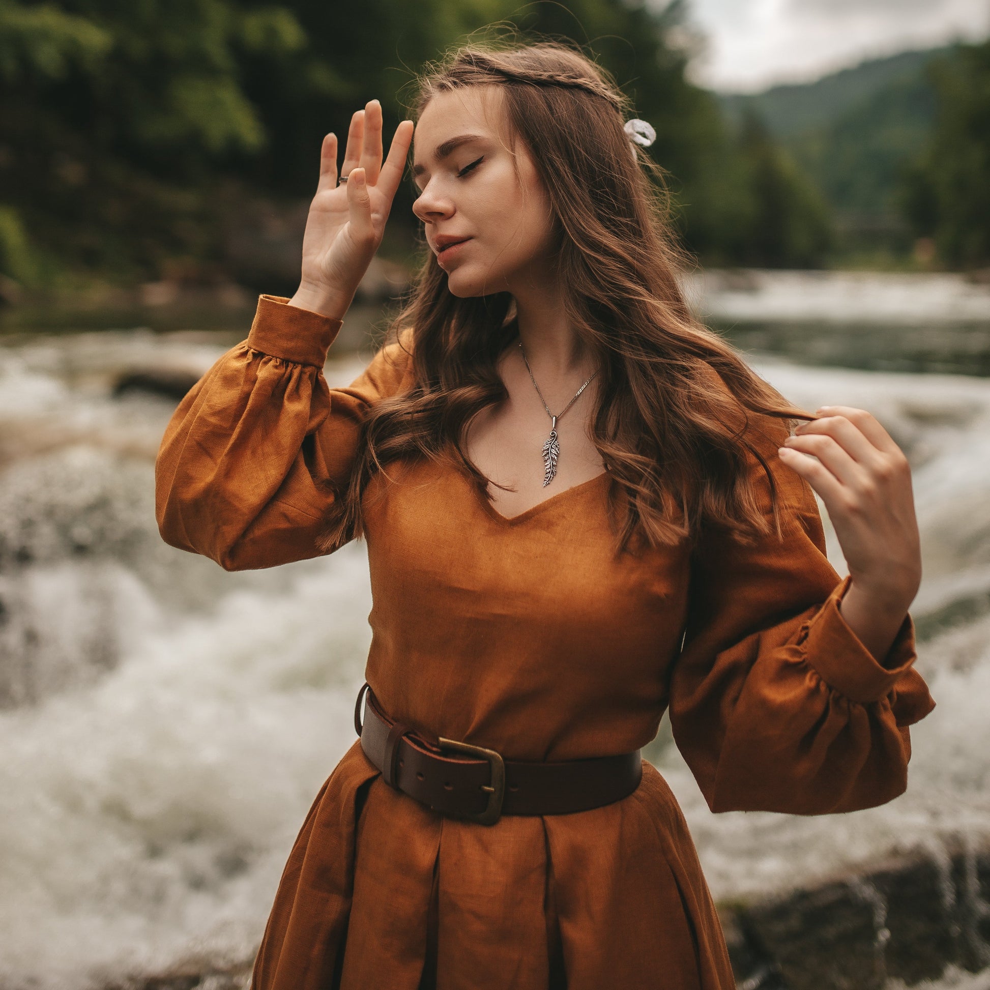 Little women sisters March mustard linen dress. Handmade linen dress with pleated skirt and queen Anne neckline.