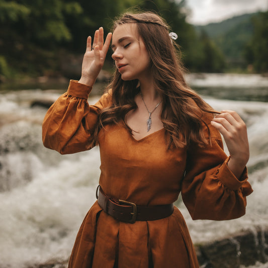 Little women sisters March mustard linen dress. Handmade linen dress with pleated skirt and queen Anne neckline.