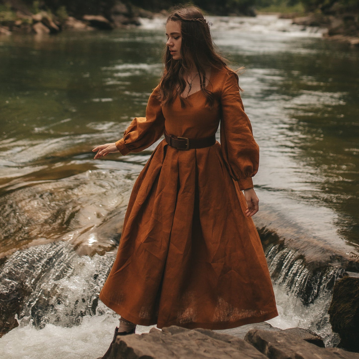 Little women sisters March mustard linen dress. Handmade linen dress with pleated skirt and queen Anne neckline.