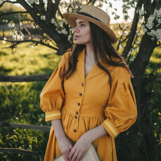 Handmade Anne of green Gables style with puff sleeves, lace and wood buttons, yellow linen cottagecore dress.