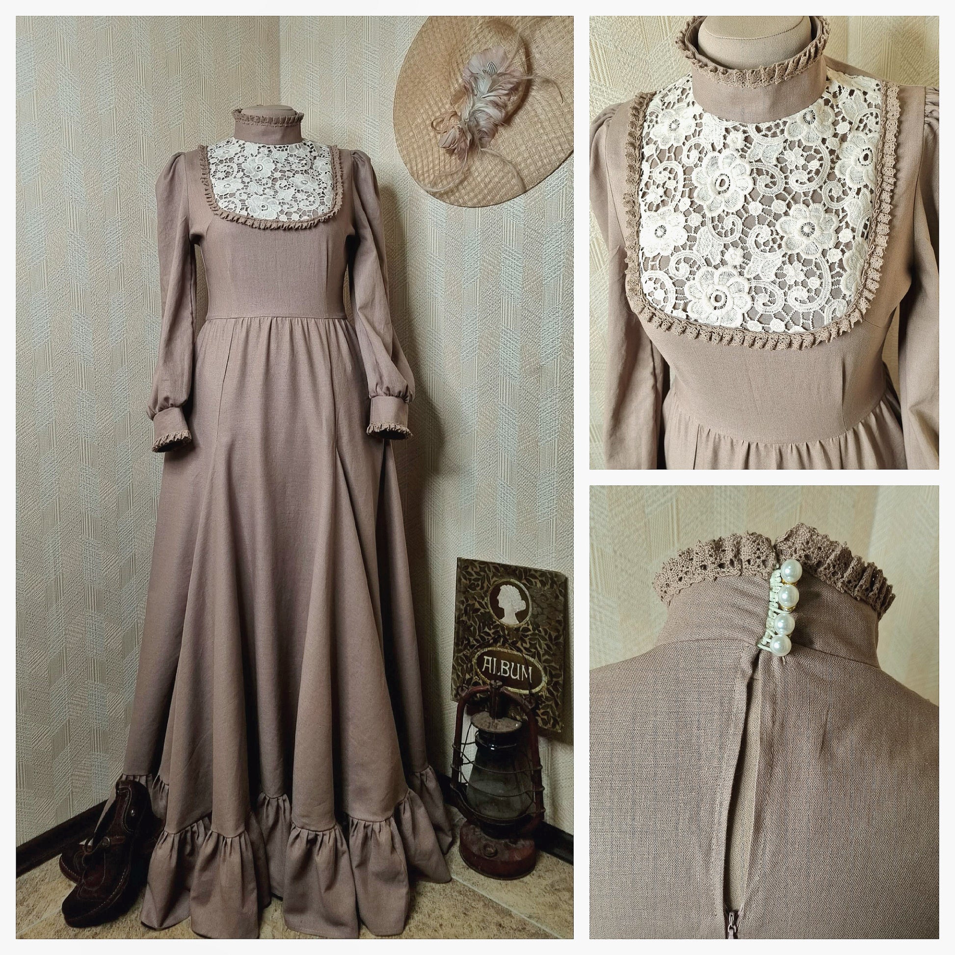 Edwardian Gibson girl suffragette walking tea cocoa linen dress. Handmade victorian wedding day dress with lace.