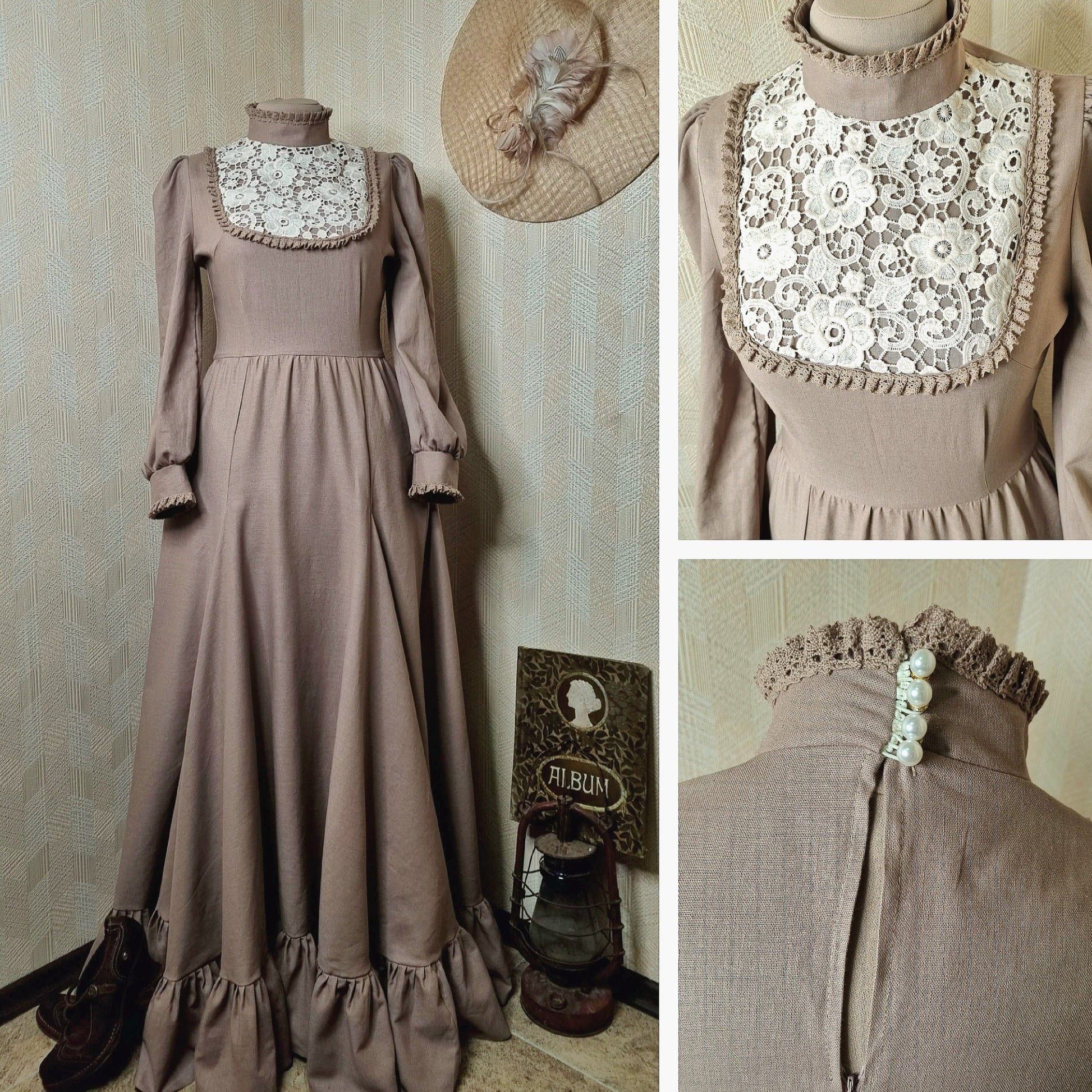 Cocoa edwardian victorian linen dress with lace. Handmade edwardian gibson girl victorian wedding suffragette 1900s set.