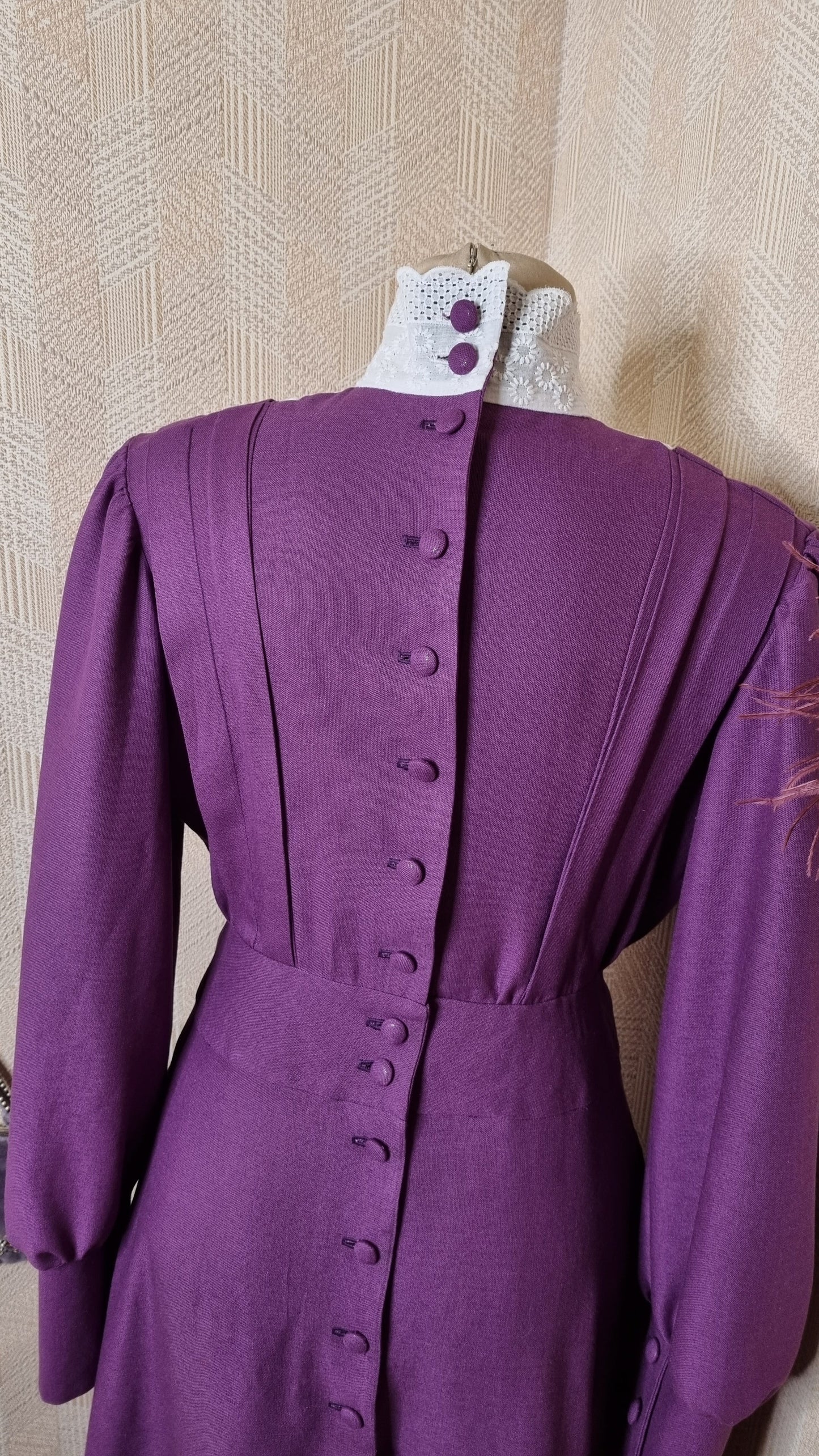 Violet edwardian victorian walking tea day linen dress. Handmade gibson girl suffragette natural sustainability linen dress with eyelet cotton embroidery element.